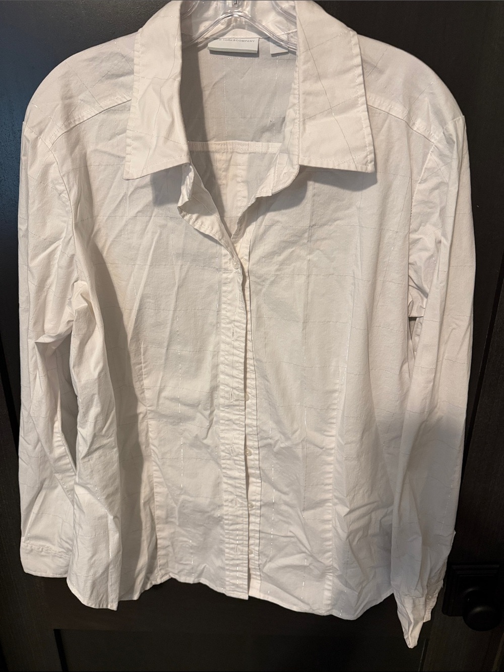 New York & Co Classic White Button-Front Women's Shirt with silver pin stripes